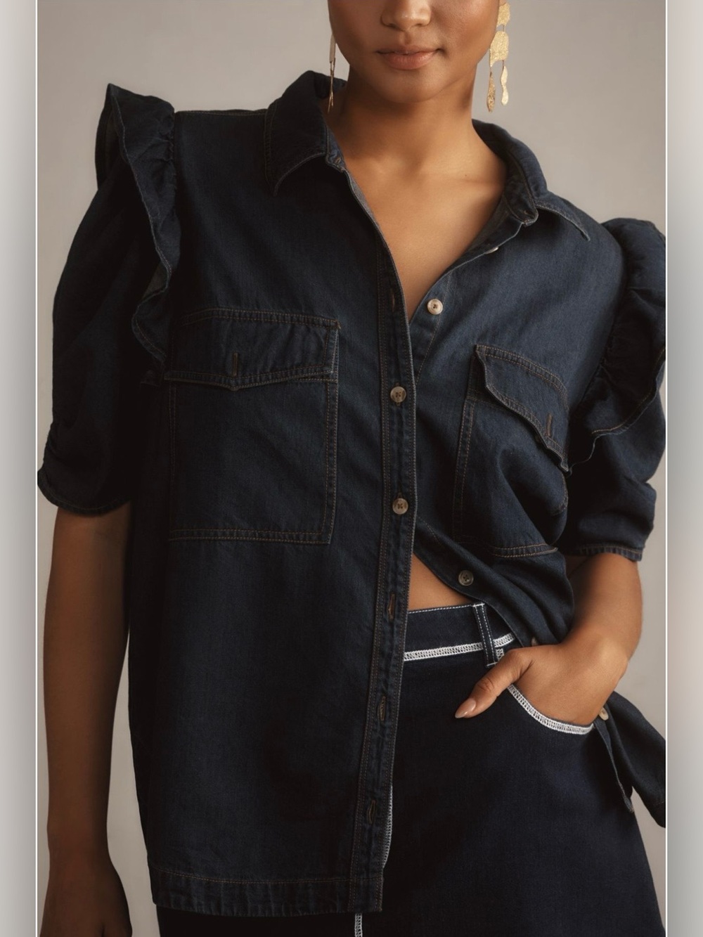 NWT Anthropologie Plus Ozzi Ruffle Sleeve Buttondown Shirt by Pilcro Denim 3X